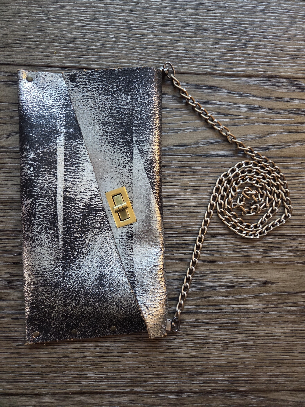 Handmade Distressed Silver Metallic Genuine Leather Clutch Crossbody Bag
